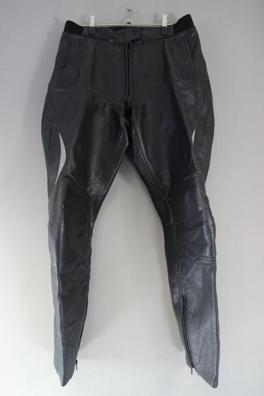HEIN GERICKE BLACK LEATHER BIKER TROUSERS + CE ARMOUR SIZE 16: WAIST 32"/LEG 31"