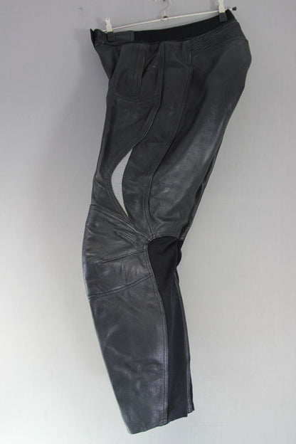 HEIN GERICKE BLACK LEATHER BIKER TROUSERS + CE ARMOUR SIZE 16: WAIST 32"/LEG 31"