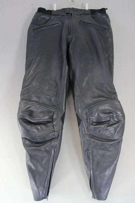 HEIN GERICKE BLACK LEATHER BIKER TROUSERS + CE ARMOUR: WAIST 32"/LEG 31"