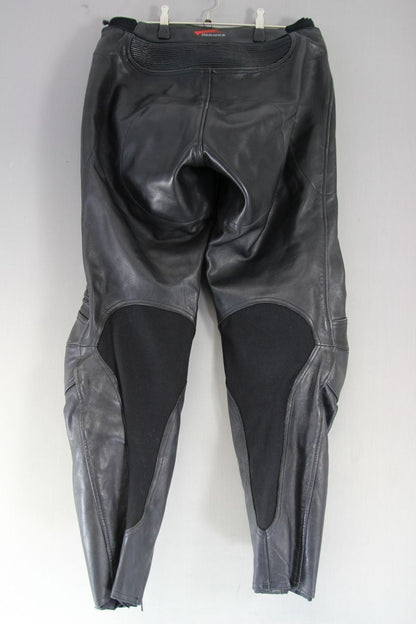 HEIN GERICKE BLACK LEATHER BIKER TROUSERS + CE ARMOUR: WAIST 32"/LEG 31"