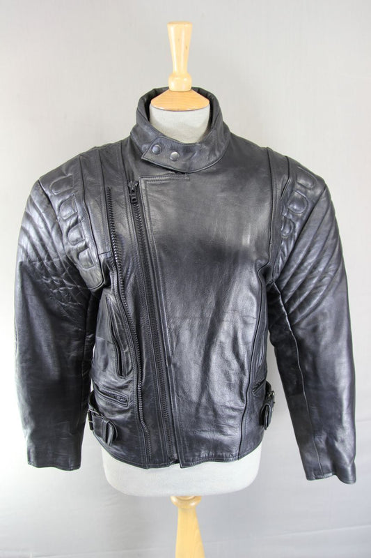 BLACK LEATHER BIKER JACKET WITH ELBOW PROTECTORS & THERMAL LINING 36 INCH