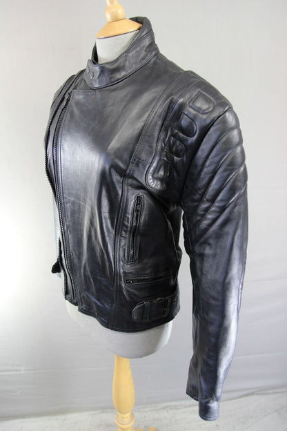 BLACK LEATHER BIKER JACKET WITH ELBOW PROTECTORS & THERMAL LINING 36 INCH