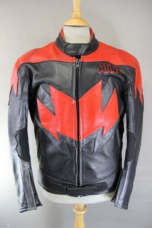 AKITO BLACK, RED & SILVER LEATHER BIKER JACKET 42 INCH CHEST