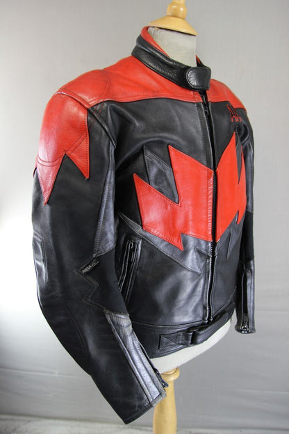 AKITO BLACK, RED & SILVER LEATHER BIKER JACKET 42 INCH CHEST