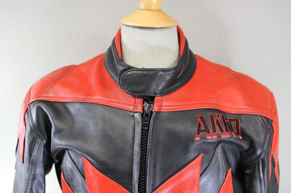 AKITO BLACK, RED & SILVER LEATHER BIKER JACKET 42 INCH CHEST