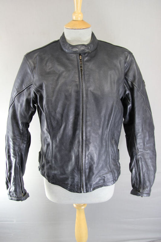 EXERO BLACK LEATHER BIKER JACKET WITH CE ARMOUR & THERMAL LINING: SIZE 16
