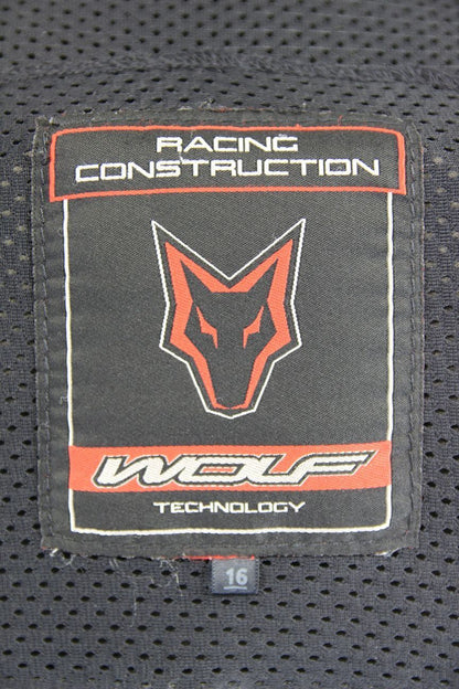 WOLF RACING CONSTRUCTION BLACK LEATHER BIKER JACKET WITH CE ARMOUR: SIZE 16
