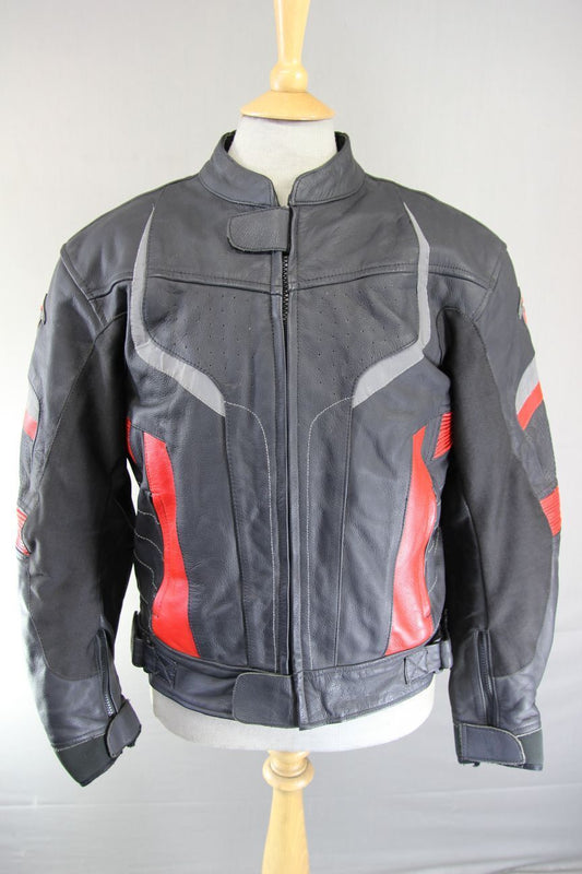 TEXPEED BLACK & RED LEATHER BIKER JACKET WITH CE ARMOUR & THERMAL LINING 40"/MED