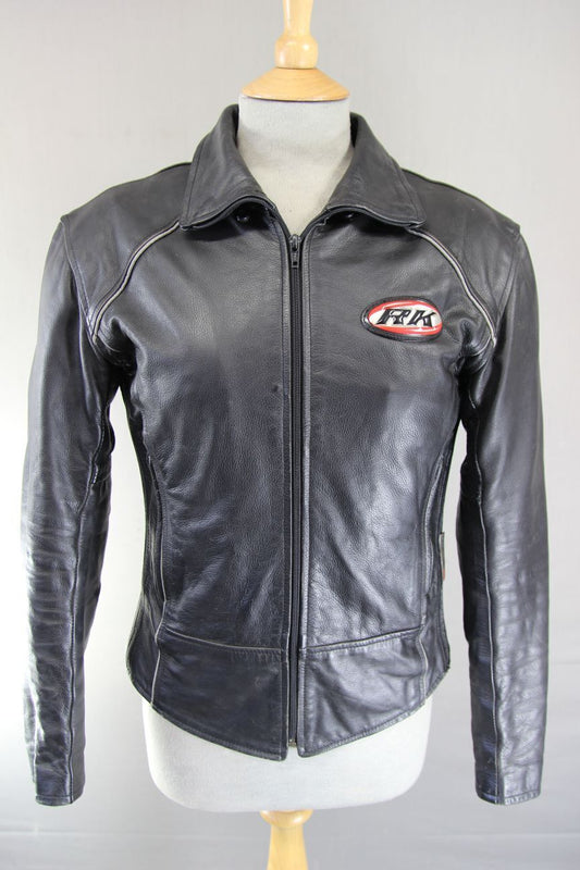 RK BLACK LEATHER BIKER JACKET WITH REMOVABLE CE ARMOUR & THERMAL LINING: SIZE 12