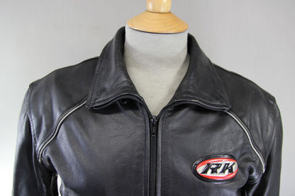RK BLACK LEATHER BIKER JACKET WITH REMOVABLE CE ARMOUR & THERMAL LINING: SIZE 12