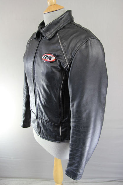 RK BLACK LEATHER BIKER JACKET WITH REMOVABLE CE ARMOUR & THERMAL LINING: SIZE 12