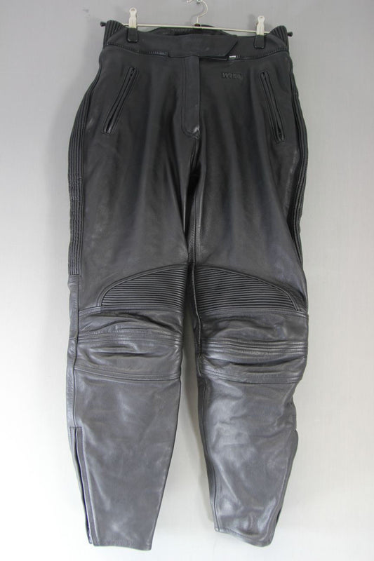 WEISE BLACK LEATHER BIKER TROUSERS + CE ARMOUR SIZE 14: WAIST 30"/INSIDE LEG 29"