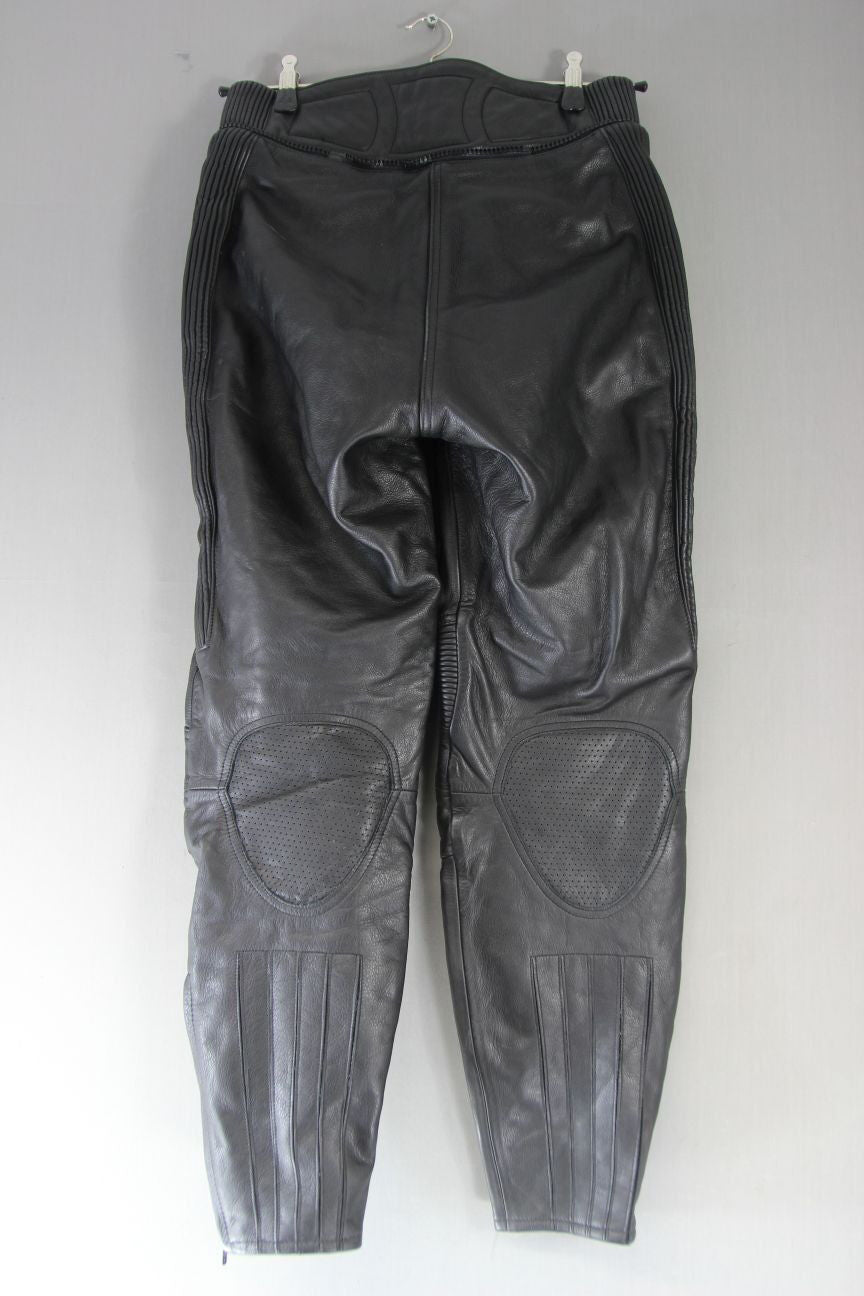 WEISE BLACK LEATHER BIKER TROUSERS + CE ARMOUR SIZE 14: WAIST 30"/INSIDE LEG 29"