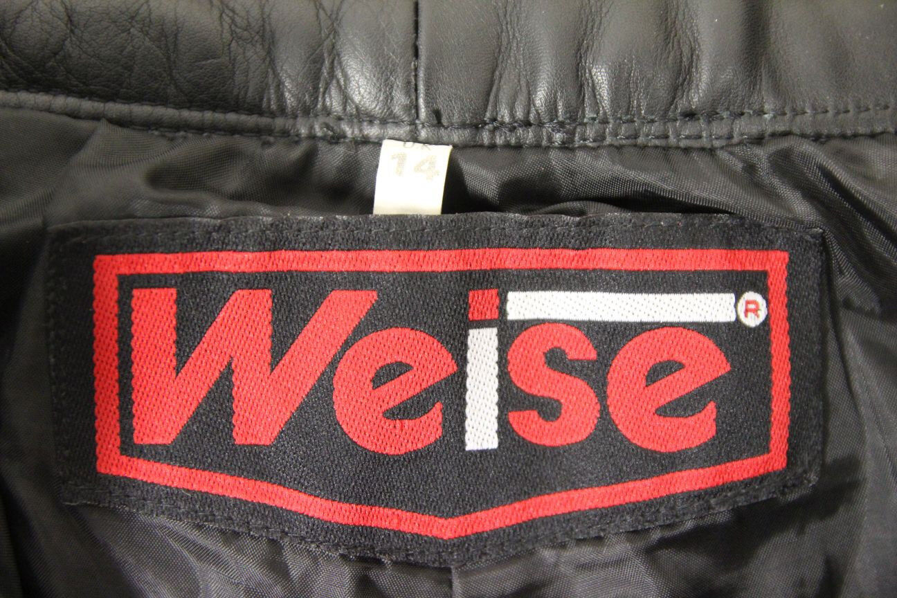WEISE BLACK LEATHER BIKER TROUSERS + CE ARMOUR SIZE 14: WAIST 30"/INSIDE LEG 29"