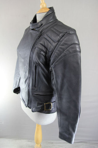 BRITISH MADE GEAR CLASSIC BLACK LEATHER BIKER JACKET: SIZE 12