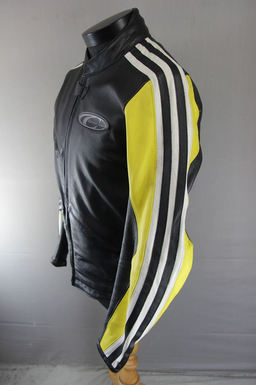 CORNER CLASSIC BLACK, YELLOW & WHITE LEATHER BIKER JACKET WITH CE ARMOUR 40 INCH