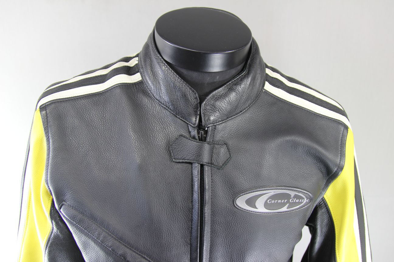 CORNER CLASSIC BLACK, YELLOW & WHITE LEATHER BIKER JACKET WITH CE ARMOUR 40 INCH