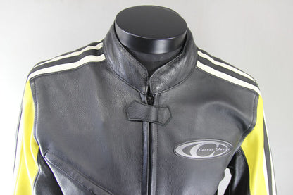 CORNER CLASSIC BLACK, YELLOW & WHITE LEATHER BIKER JACKET WITH CE ARMOUR 40 INCH