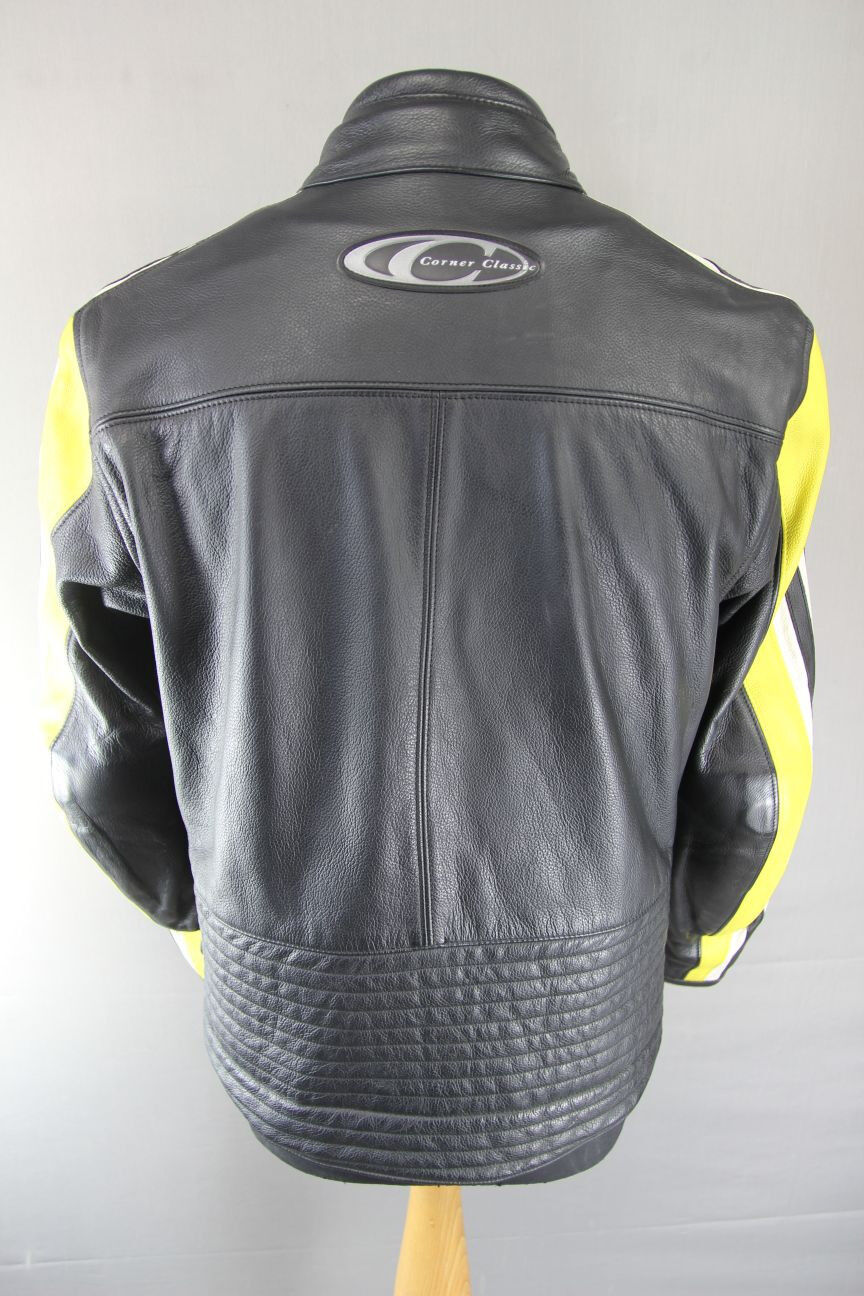 CORNER CLASSIC BLACK, YELLOW & WHITE LEATHER BIKER JACKET WITH CE ARMOUR 40 INCH