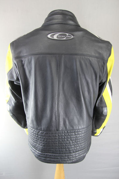 CORNER CLASSIC BLACK, YELLOW & WHITE LEATHER BIKER JACKET WITH CE ARMOUR 40 INCH