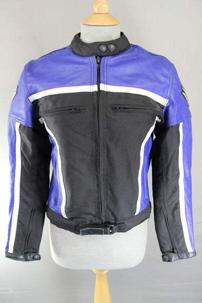 FRANK THOMAS BLACK & BLUE LEATHER & TEXTILE BIKER JACKET WITH CE ARMOUR: SIZE 10