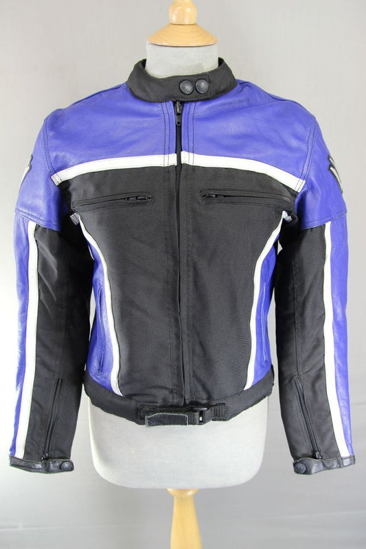 FRANK THOMAS BLACK & BLUE LEATHER & TEXTILE BIKER JACKET WITH CE ARMOUR: SIZE 10