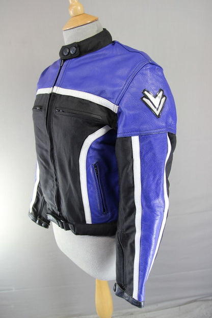 FRANK THOMAS BLACK & BLUE LEATHER & TEXTILE BIKER JACKET WITH CE ARMOUR: SIZE 10