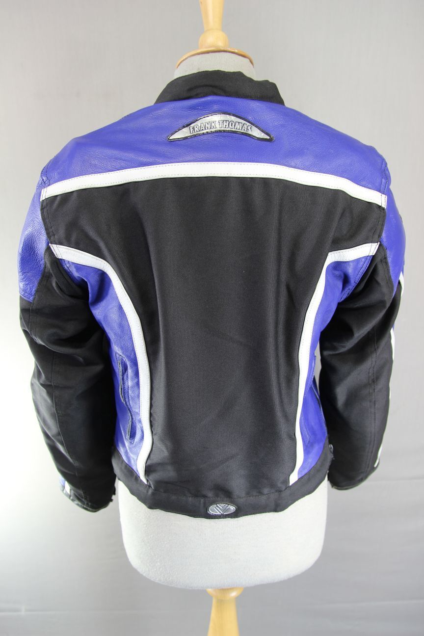 FRANK THOMAS BLACK & BLUE LEATHER & TEXTILE BIKER JACKET WITH CE ARMOUR: SIZE 10