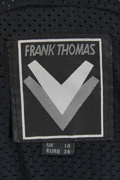 FRANK THOMAS BLACK & BLUE LEATHER & TEXTILE BIKER JACKET WITH CE ARMOUR: SIZE 10