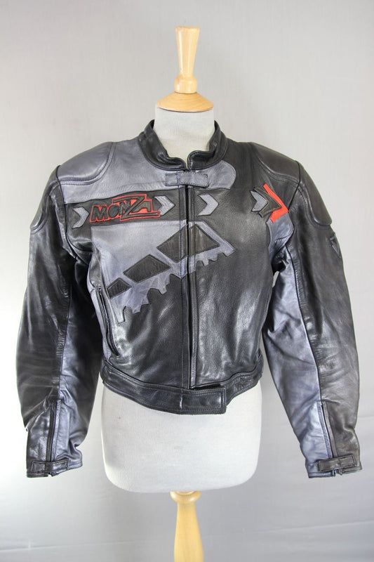 FRANK THOMAS MONZA BROWN & SILVER LEATHER BIKER JACKET + BACK PROTECTOR: SIZE 16