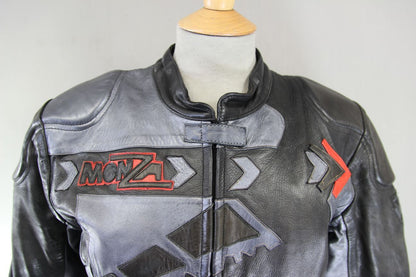 FRANK THOMAS MONZA BROWN & SILVER LEATHER BIKER JACKET + BACK PROTECTOR: SIZE 16