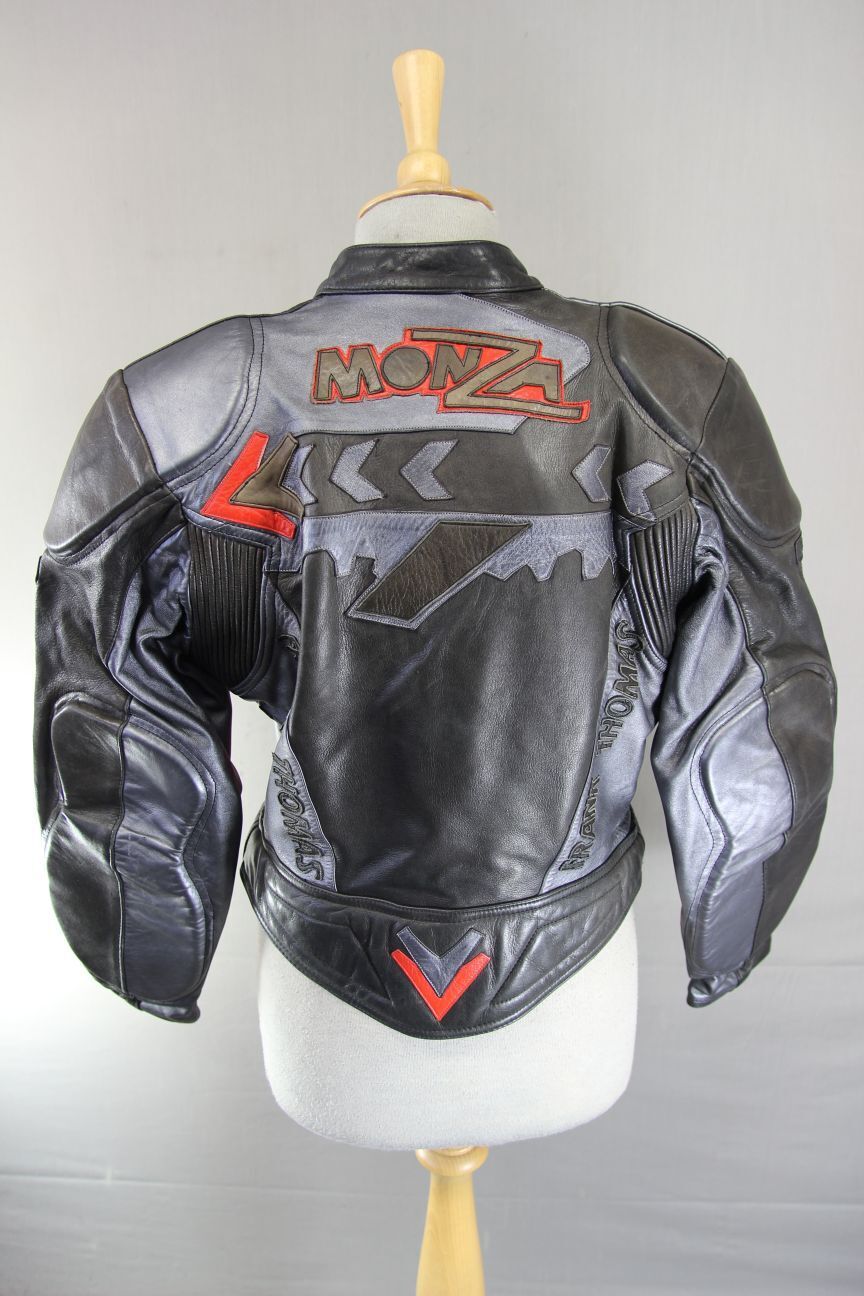 FRANK THOMAS MONZA BROWN & SILVER LEATHER BIKER JACKET + BACK PROTECTOR: SIZE 16