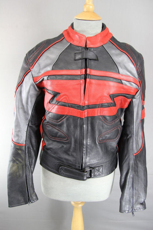BIKERS LEATHER BLACK, RED & SILVER JACKET + BACK, SHOULDER & ELBOW ARMOUR SIZE18