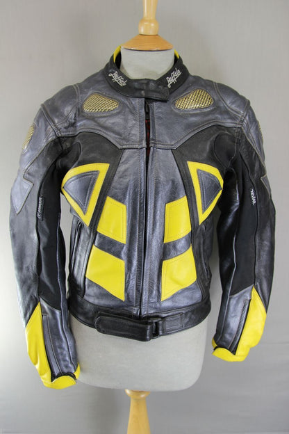 BUFFALO SILVER/BLACK/YELLOW LEATHER BIKER JKT + CE ARMOUR/THERMAL LINING SIZE 12