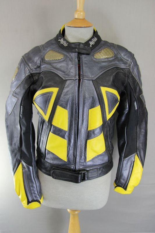BUFFALO SILVER/BLACK/YELLOW LEATHER BIKER JKT + CE ARMOUR/THERMAL LINING SIZE 12