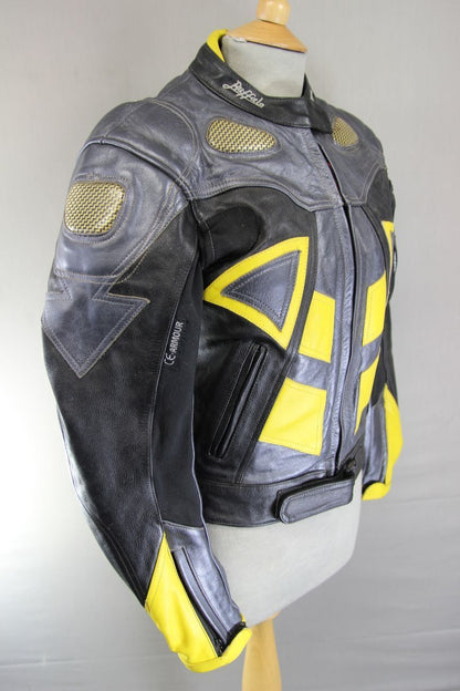BUFFALO SILVER/BLACK/YELLOW LEATHER BIKER JKT + CE ARMOUR/THERMAL LINING SIZE 12