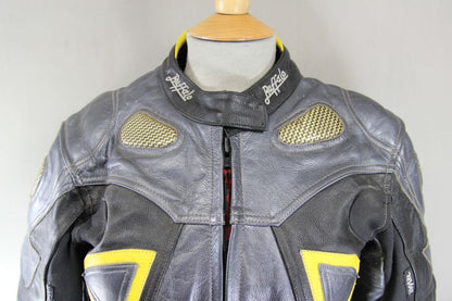 BUFFALO SILVER/BLACK/YELLOW LEATHER BIKER JKT + CE ARMOUR/THERMAL LINING SIZE 12