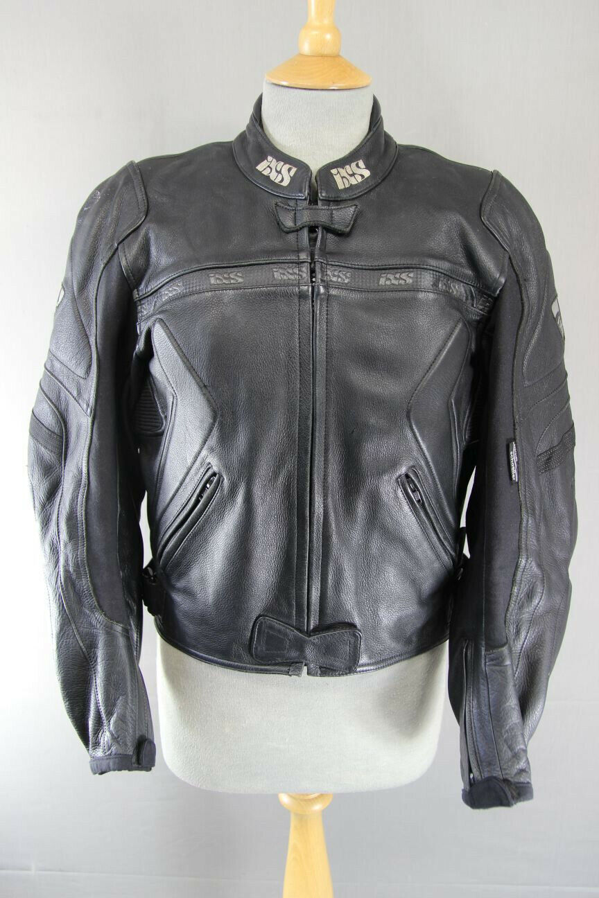 IXS BLACK LEATHER BIKER JACKET WITH REMOVABLE CE ARMOUR & THERMAL LINING 38 INCH