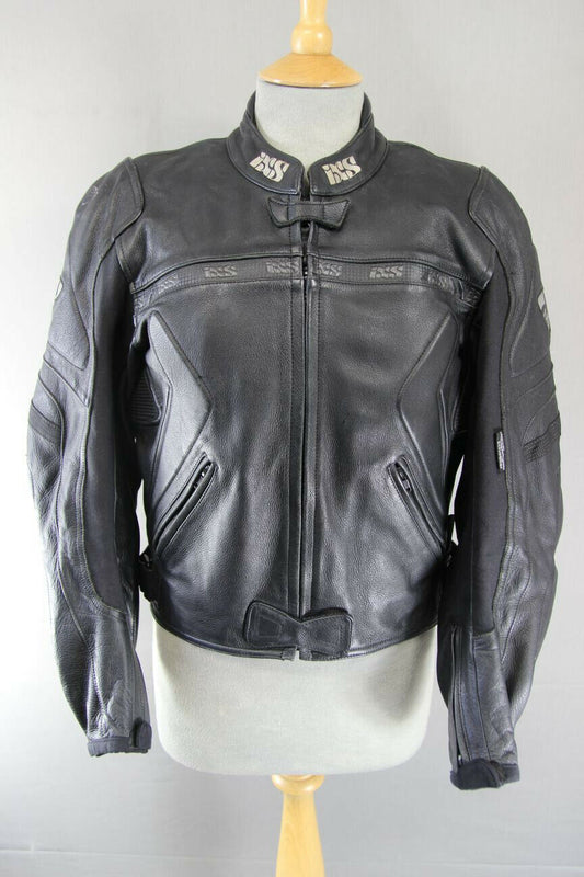 IXS BLACK LEATHER BIKER JACKET WITH REMOVABLE CE ARMOUR & THERMAL LINING 38 INCH