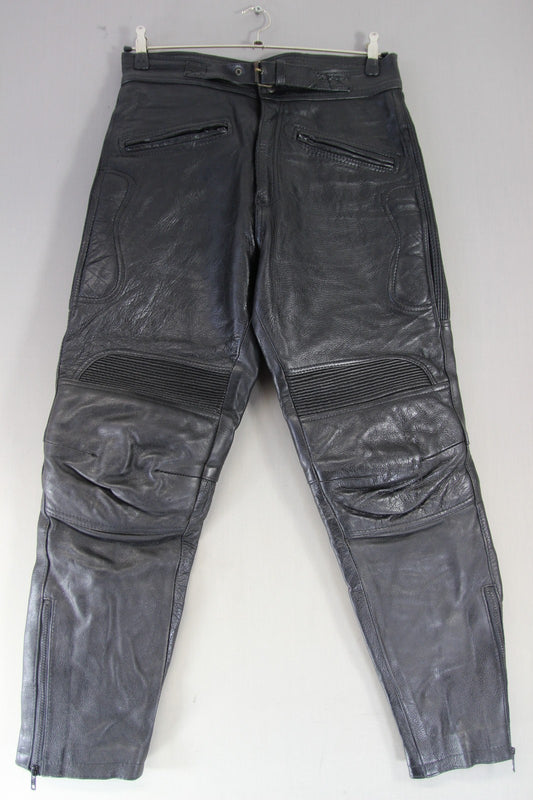 SKIN BLACK COWHIDE LEATHER BIKER TROUSERS: WAIST 32 INCH/INSIDE LEG 30 INCH