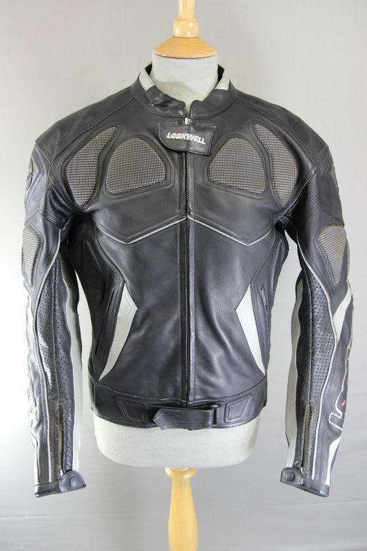 LOOKWELL BLACK & SILVER LEATHER BIKER JACKET WITH CE ARMOUR & THERMAL LINING 38"