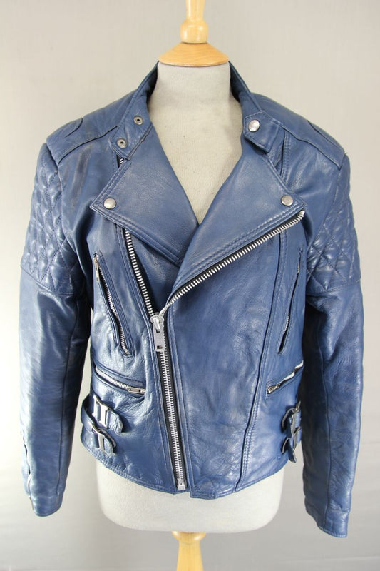 VINTAGE 1970's SPORTEX BLUE LEATHER PUNK ROCK MARLON BRANDO BIKER JACKET 38-40IN
