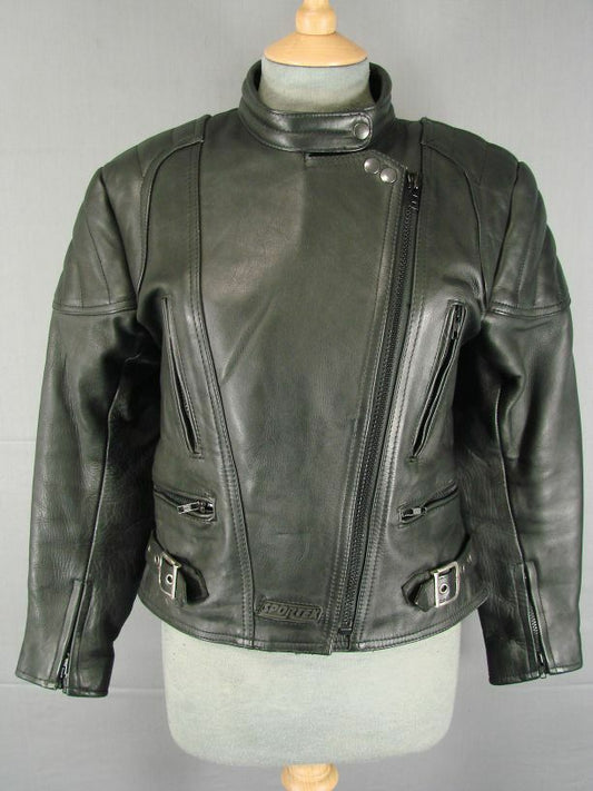 IMMACULATE CONDITION VINTAGE 90's BLACK LEATHER SPORTEX A5 BIKER JACKET SIZE 12