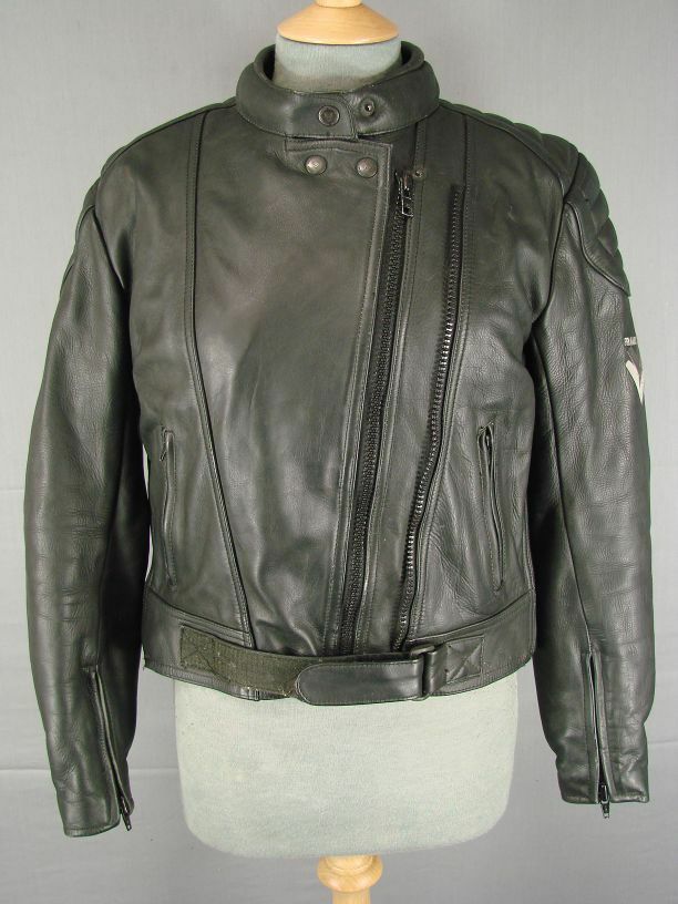 FRANK THOMAS BLACK LEATHER BIKER JACKET WITH BACK & ELBOW PROTECTORS: SIZE 12