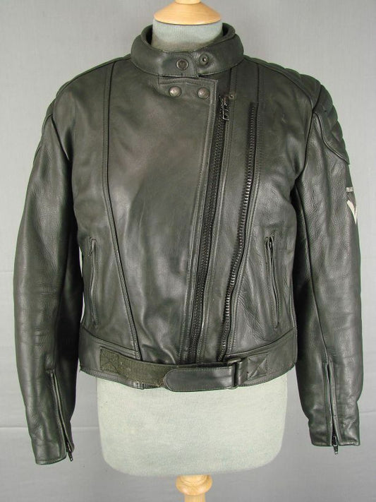 FRANK THOMAS BLACK LEATHER BIKER JACKET WITH BACK & ELBOW PROTECTORS: SIZE 12