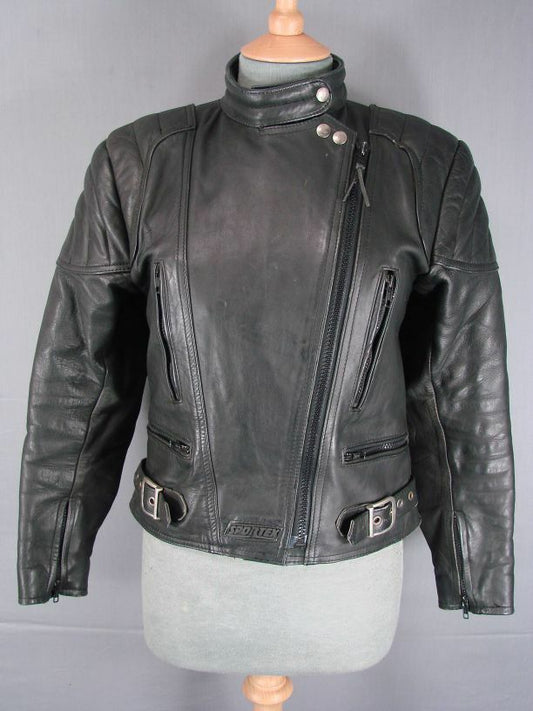 EXCELLENT CONDITION VINTAGE 1990's BLACK LEATHER SPORTEX A5 BIKER JACKET SIZE 12