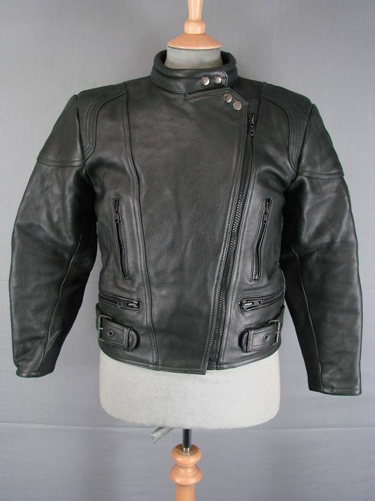 SUPERB CONDITION/QUALITY CLASSIC JTS BLACK LEATHER BIKER JACKET 36 INCH/SIZE 12