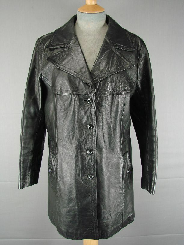 EXCELLENT CONDITION VINTAGE 70's CLASSIC BRITISH MADE BLACK LEATHER COAT SIZE 18