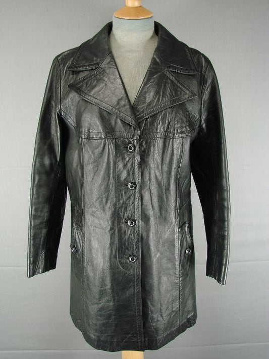 EXCELLENT CONDITION VINTAGE 70's CLASSIC BRITISH MADE BLACK LEATHER COAT SIZE 18