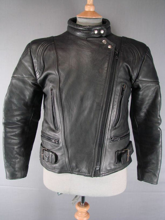 SUPERB QUALITY CLASSIC JTS BLACK LEATHER BIKER JACKET 36 INCH/SIZE 12
